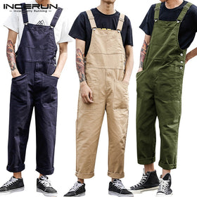 Men Bib Pants Solid Color Casual Jumpsuits Streetwear Joggers