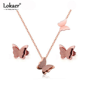 Lokaer Titanium Steel Cute Double Flying Butterfly Earrings & Pendant