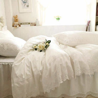 White Lace Embroidery Bedding Set Ruffle Duvet