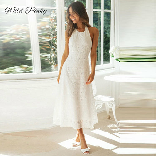 WildPinky Elegant White Lace Women Dress Sexy Backless Halter Female