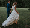 11178#Cap Sleeve Bridal Dress Sweep Train Ruffled Open Back  Bohemian