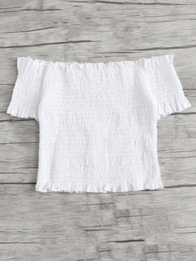 Off Shoulder Frill Trim Pleated Top