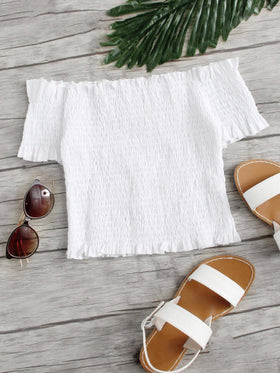 Off Shoulder Frill Trim Pleated Top