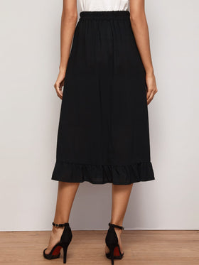 Button Front Ruffle Hem A-line Skirt