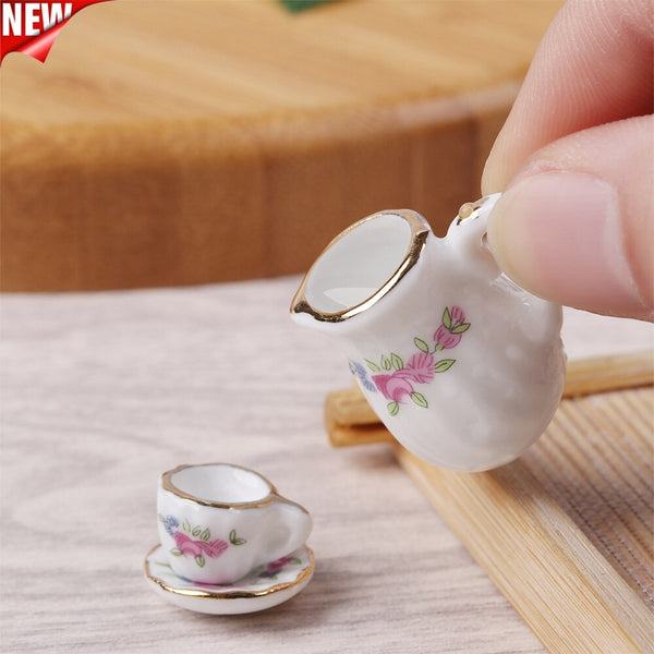 15Pcs 1:12 Rose Pattern Miniature Tea Set Dish/Pot/Kettle European