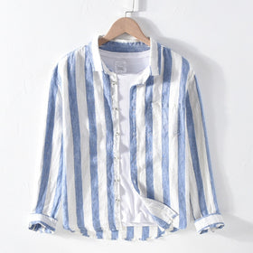 Men Spring Fall Fashion Brand Linen Long Sleeve Nave Blue Stripe