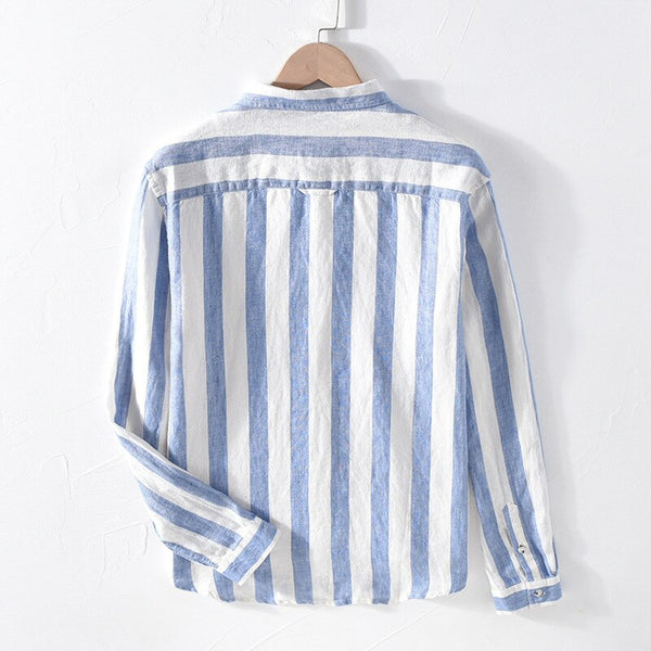 Men Spring Fall Fashion Brand Linen Long Sleeve Nave Blue Stripe