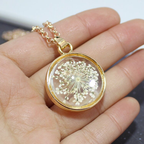 1PC 25MM Glass Locket Real Lace Dry Flower necklace,natural history