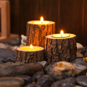 1pc Tea Light Candle Holders Bark Wooden Pillar Candlestick Holder Set