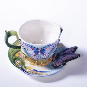 2018 Newest 3D Bone China Blue Butterfly Coffee Cup with Saucer Tea