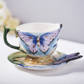 2018 Newest 3D Bone China Blue Butterfly Coffee Cup with Saucer Tea