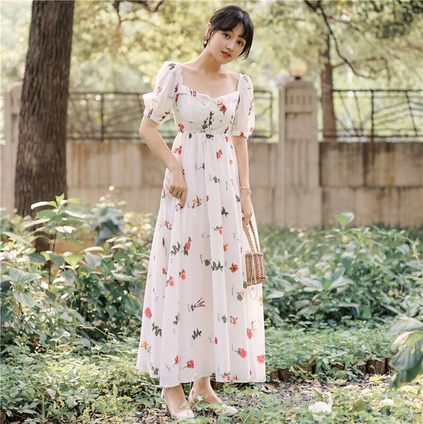 2019 Elegant Summer New Arrival Hot Sale Flower Printed V Collar Puff