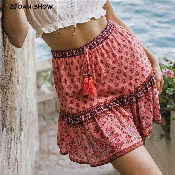 2020 Bohemian Cherry Printed A line Mini Skirts Rayon Ruffles Pleated