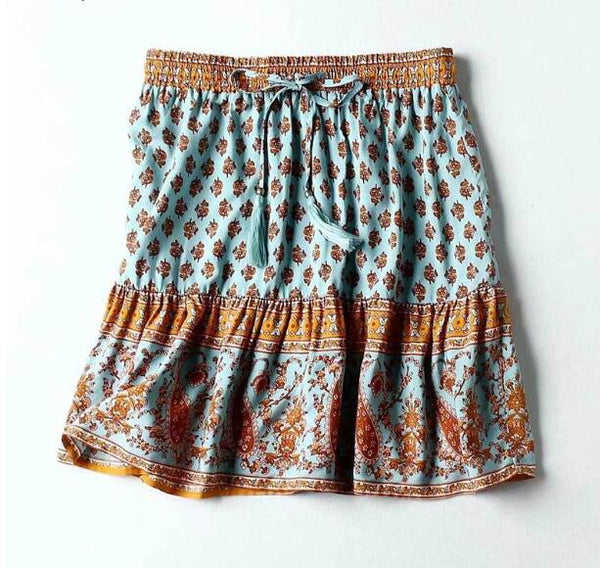 2020 Bohemian Cherry Printed A line Mini Skirts Rayon Ruffles Pleated