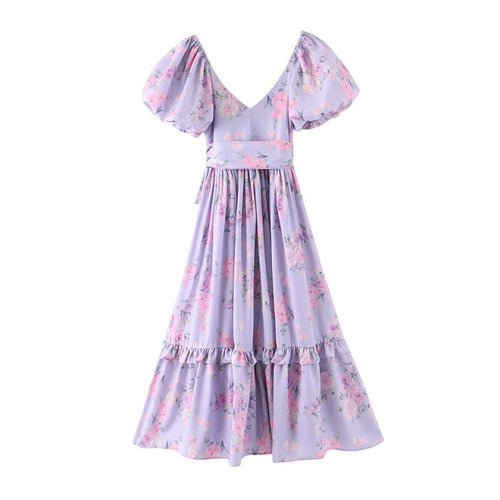 2020 Bright Like Silk Lavender Floral Print Ball Gown Dress Puff