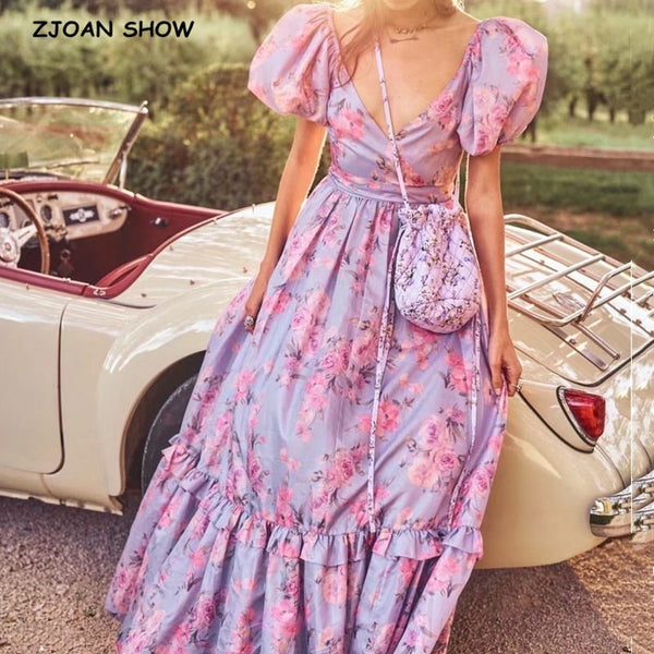 2020 Bright Like Silk Lavender Floral Print Ball Gown Dress Puff