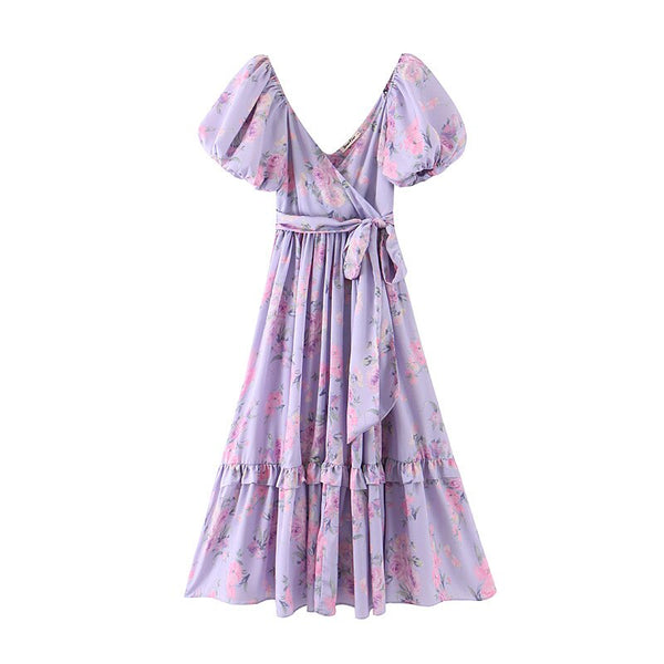 2020 Bright Like Silk Lavender Floral Print Ball Gown Dress Puff