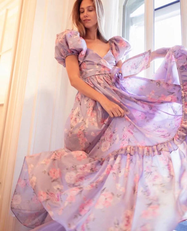 2020 Bright Like Silk Lavender Floral Print Ball Gown Dress Puff