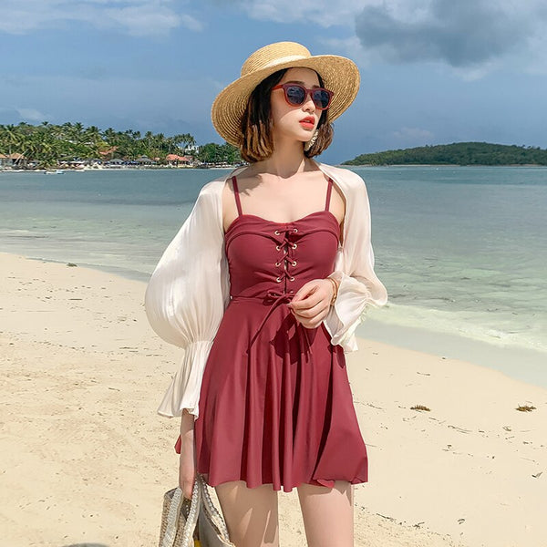 2020 New Women Solid One Piece Swimwear High Waist Swim Beach Dress