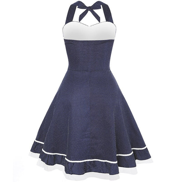 2020 Sexy Women Polka Dot Swing Party Dress Halter Blue Cotton A Line