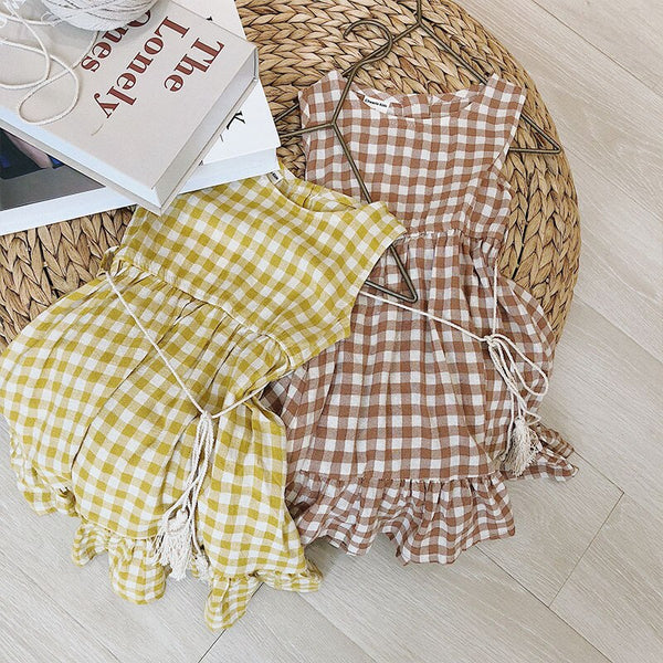 2020 Summer New Children Plaid Dress Tassel Sashes Korean Style Kids