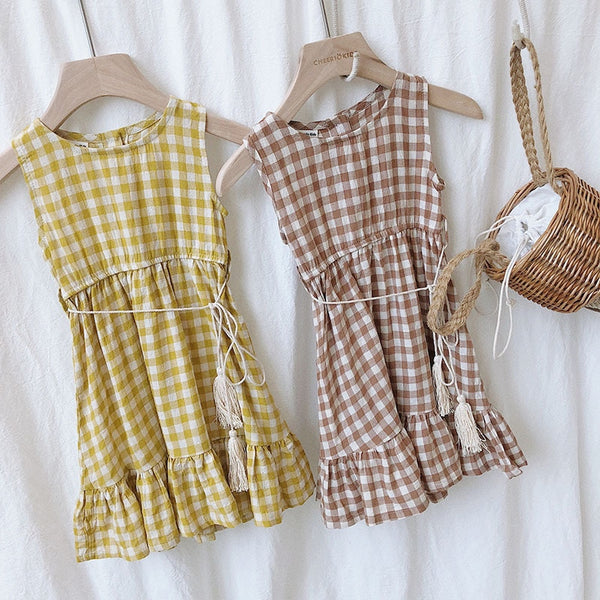 2020 Summer New Children Plaid Dress Tassel Sashes Korean Style Kids