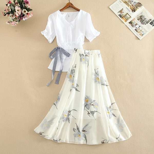 Summer New Office 2 Piece Set Women V Neck Puff Sleeve White