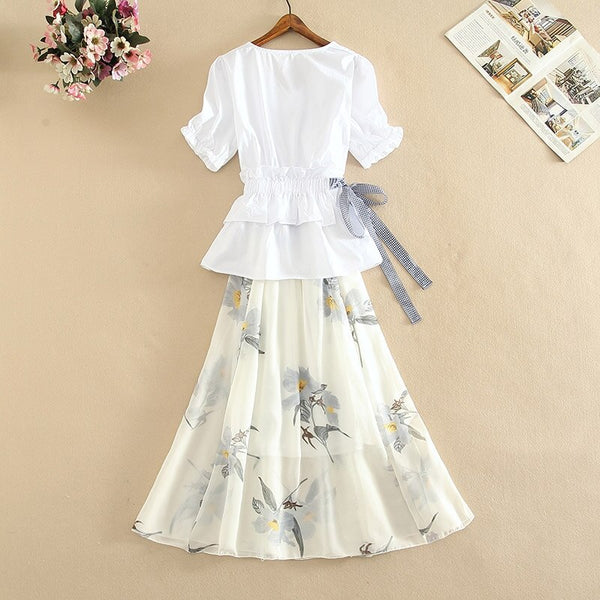 Summer New Office 2 Piece Set Women V Neck Puff Sleeve White