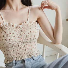 2020 Summer Sexy Floral Printed Crop Top Pleated Camisole Women