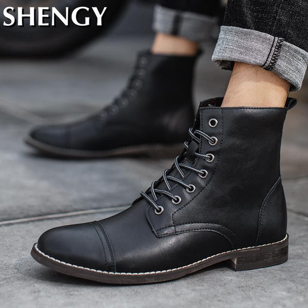 2020 Winter Men's Boots Waterproof Leather Work Boots Warm Plush Snow