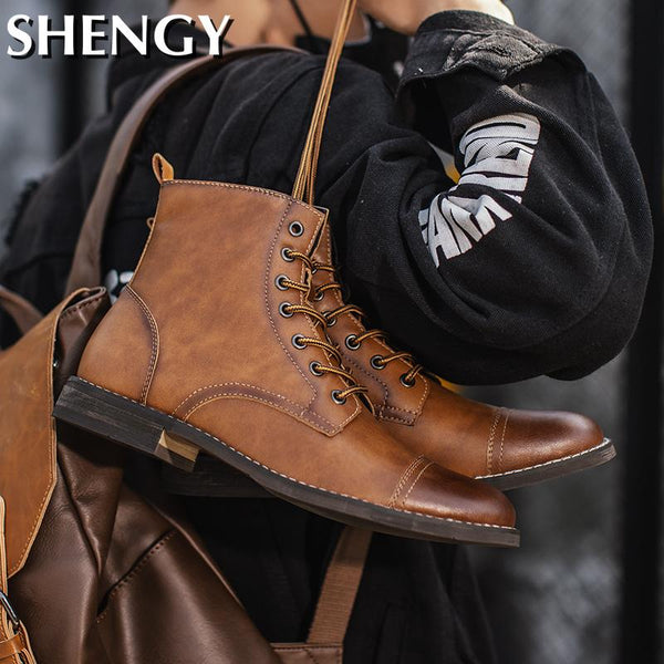 2020 Winter Men's Boots Waterproof Leather Work Boots Warm Plush Snow