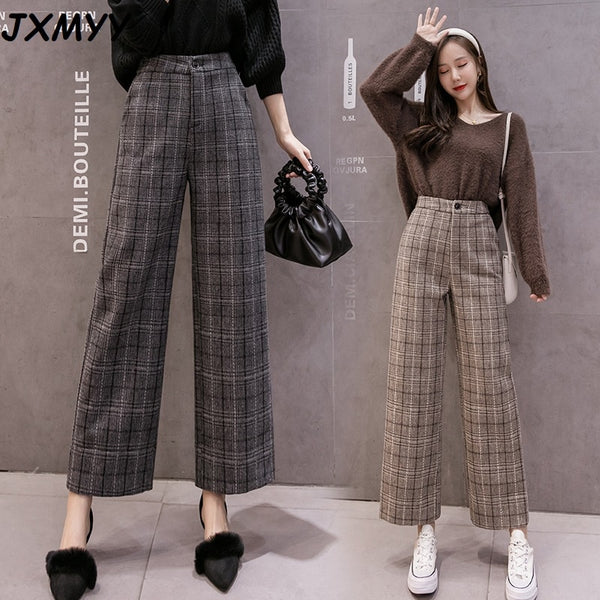 2021 Autumn Winter Woolen Plaid Pants Women Elastic High Waist Ankle