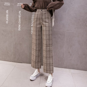 2021 Autumn Winter Woolen Plaid Pants Women Elastic High Waist Ankle