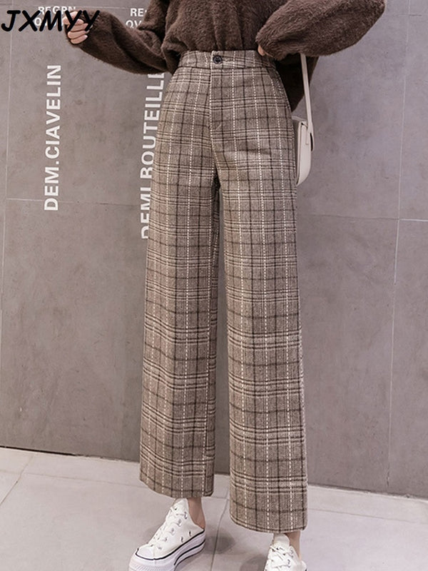 2021 Autumn Winter Woolen Plaid Pants Women Elastic High Waist Ankle