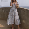 2021 Floral Print Ball Gown Dress Puff Sleeve Retro Women Adjust