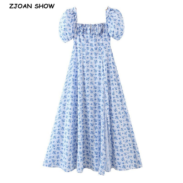 2021 Floral Print Ball Gown Dress Puff Sleeve Retro Women Adjust