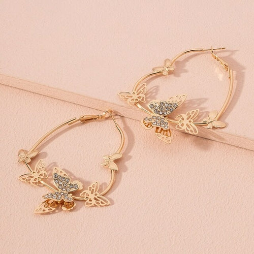 Gold Butterfly Insects Geometric Minimalism Hoop Earrings