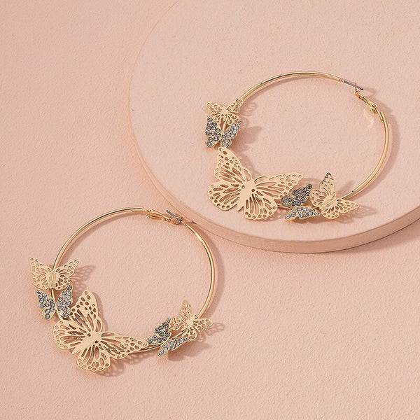 Gold Butterfly Insects Geometric Minimalism Hoop Earrings