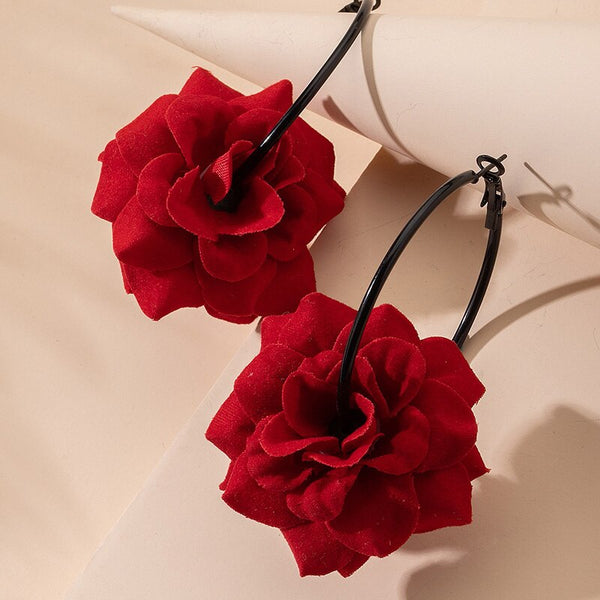 Handmade Fabric Chiffon Flowers Minimalism Hoop Earrings