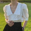 2021 Korean Chic Puff Short Sleeve Woman Shirt Summer Hollow Flower