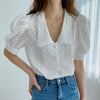 2021 Korean Chic Puff Short Sleeve Woman Shirt Summer Hollow Flower