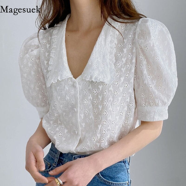 2021 Korean Chic Puff Short Sleeve Woman Shirt Summer Hollow Flower