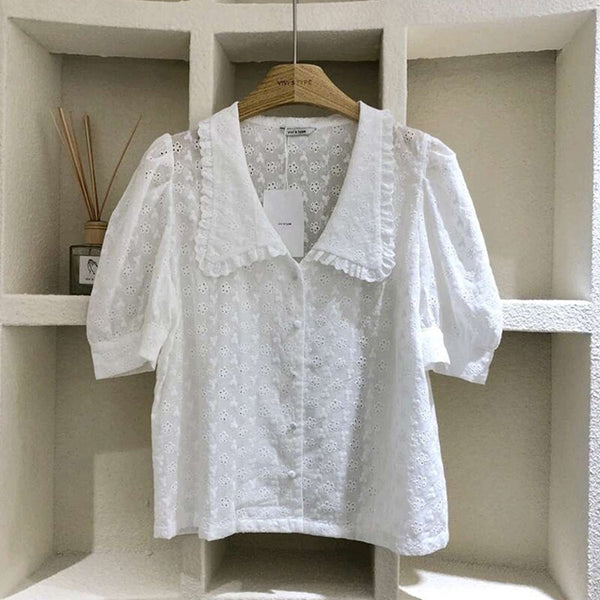 2021 Korean Chic Puff Short Sleeve Woman Shirt Summer Hollow Flower