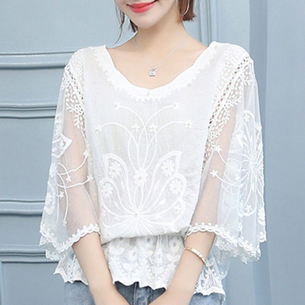 2021 Lace Summer Ladies Blouses Plus Size Blouse Women Batwing Sleeve