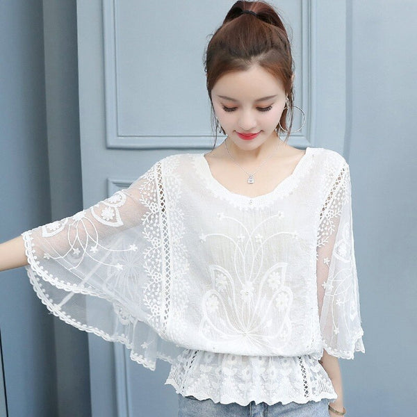 2021 Lace Summer Ladies Blouses Plus Size Blouse Women Batwing Sleeve