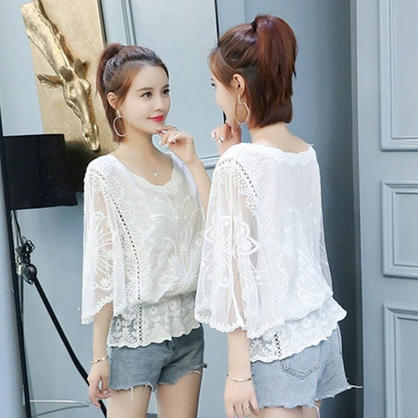 2021 Lace Summer Ladies Blouses Plus Size Blouse Women Batwing Sleeve