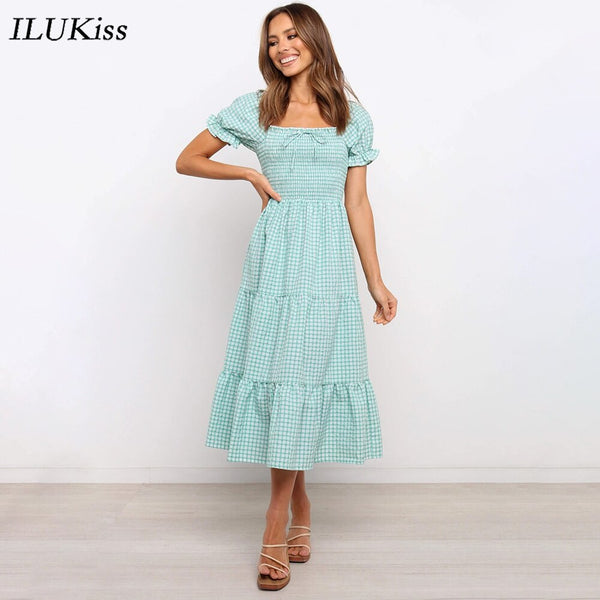 2021 New Arrival Summer Dress Women Short Sleeve Green Fashion Casual