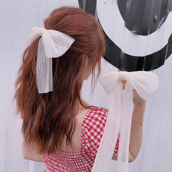 2021 New White Mesh Bow Large Hairpin Scrunchie for Women Girls Long