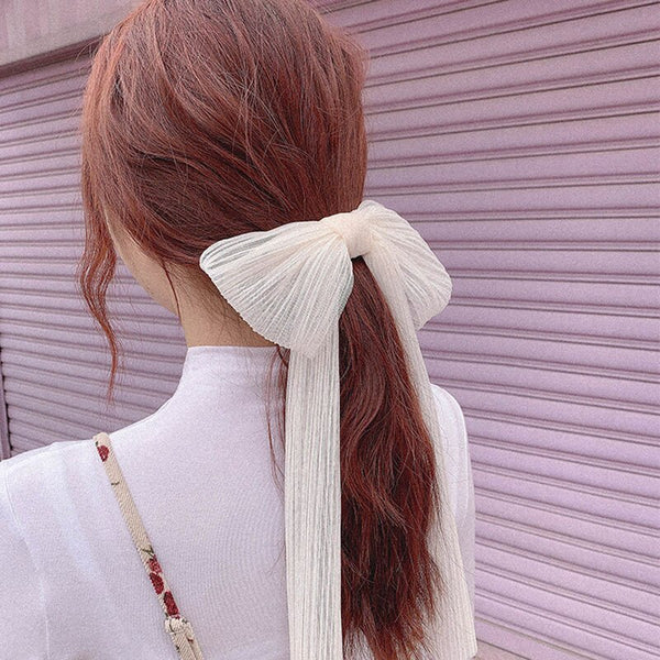 2021 New White Mesh Bow Large Hairpin Scrunchie for Women Girls Long