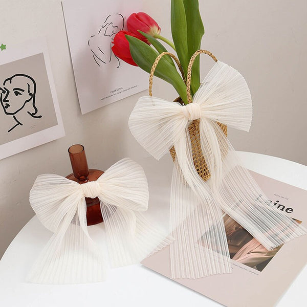 2021 New White Mesh Bow Large Hairpin Scrunchie for Women Girls Long